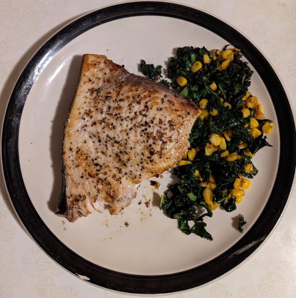 [homemade] Maine caught swordfish with sauteed kale and corn Scrolller