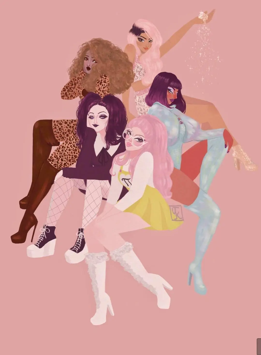 Fan art by kyinthesky of five women in fashion outfits including leopard print and a blue leotard on a pink background