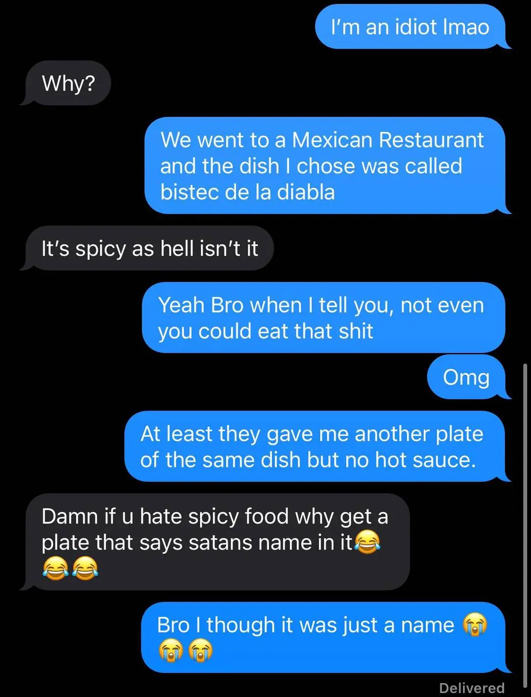 A funny meme screenshot of a text post from r/dumbass about ordering a spicy meal called bistec de la diabla.