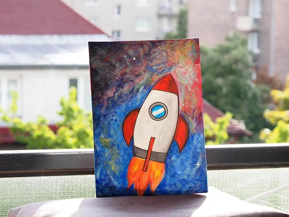 I paint stuff, painted a 50s 60s comic style retro rocket flying through outer space! 🚀🌌✨🎨🖌️ Hope you like it! [OC]