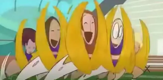 Kim Possible characters wearing purple scarves and enclosed in large yellow banana peels.