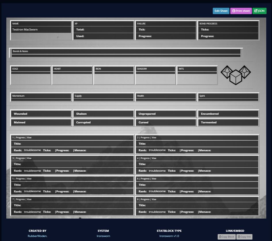 It is DONE! Ironsworn Character Sheet v1 for World Anvil Scrolller