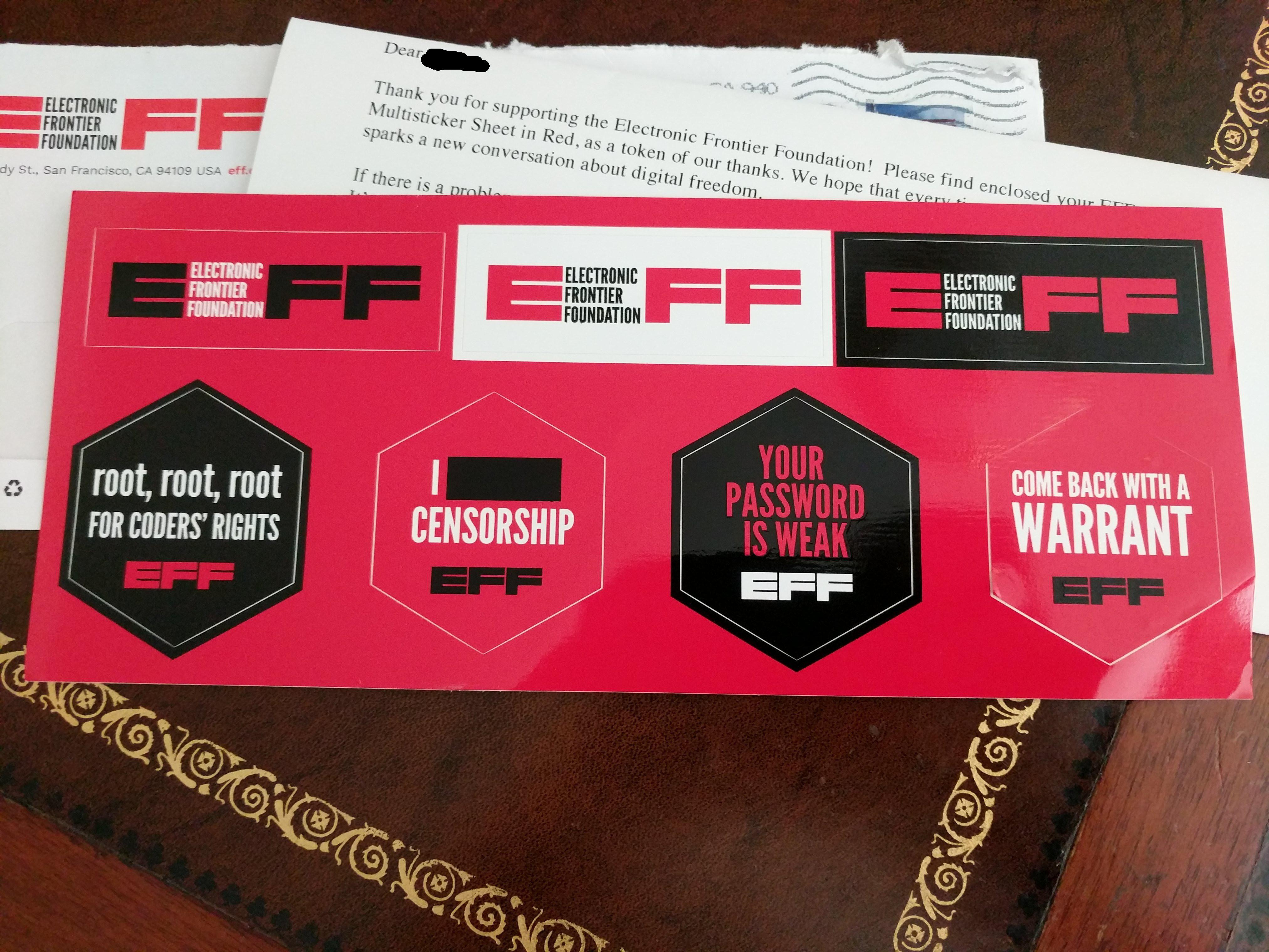 Just received my sticker pack for donating =D Thank you EFF!! | Scrolller