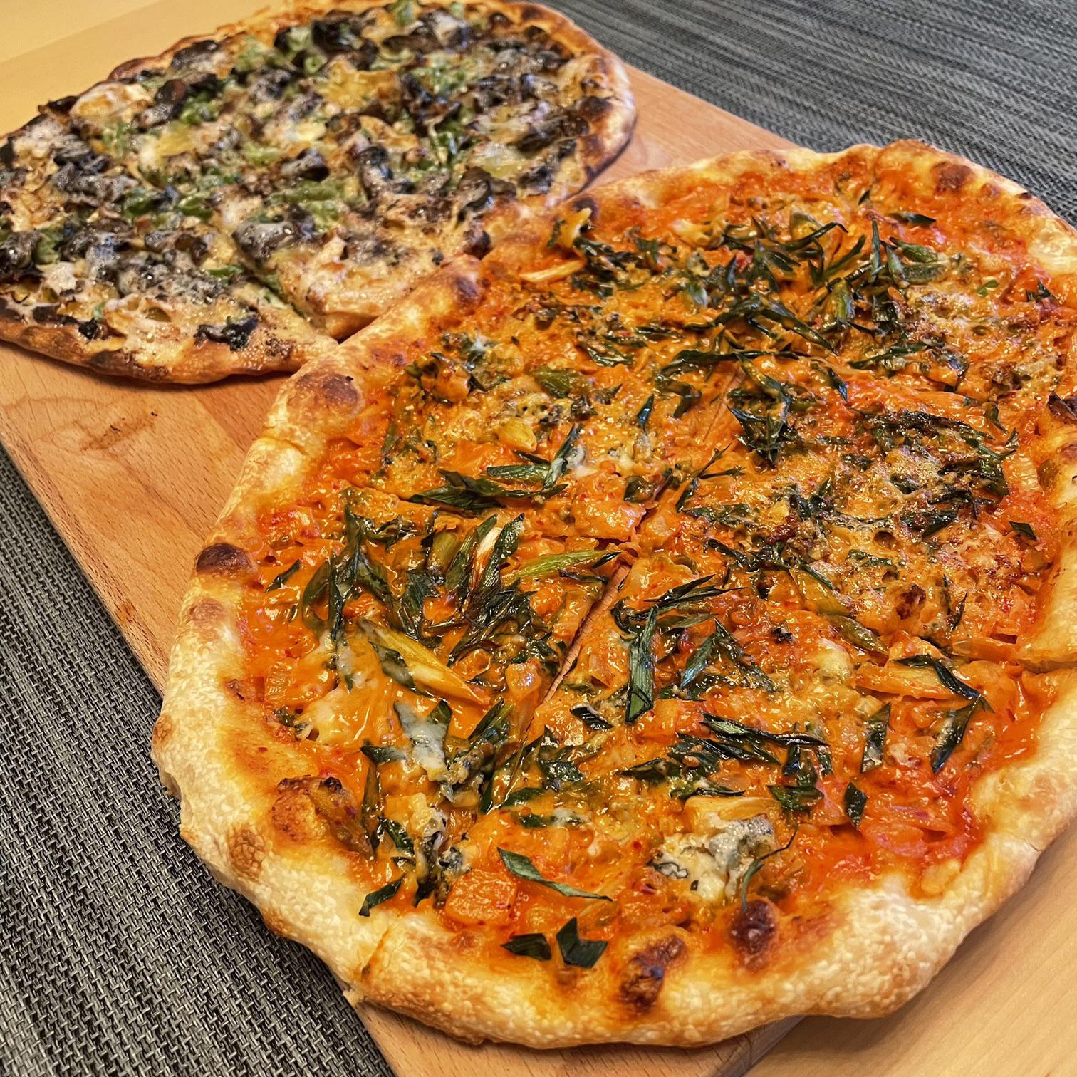 Random stuff pizza night! Kimchi cream and gorgonzola pizza with green ...