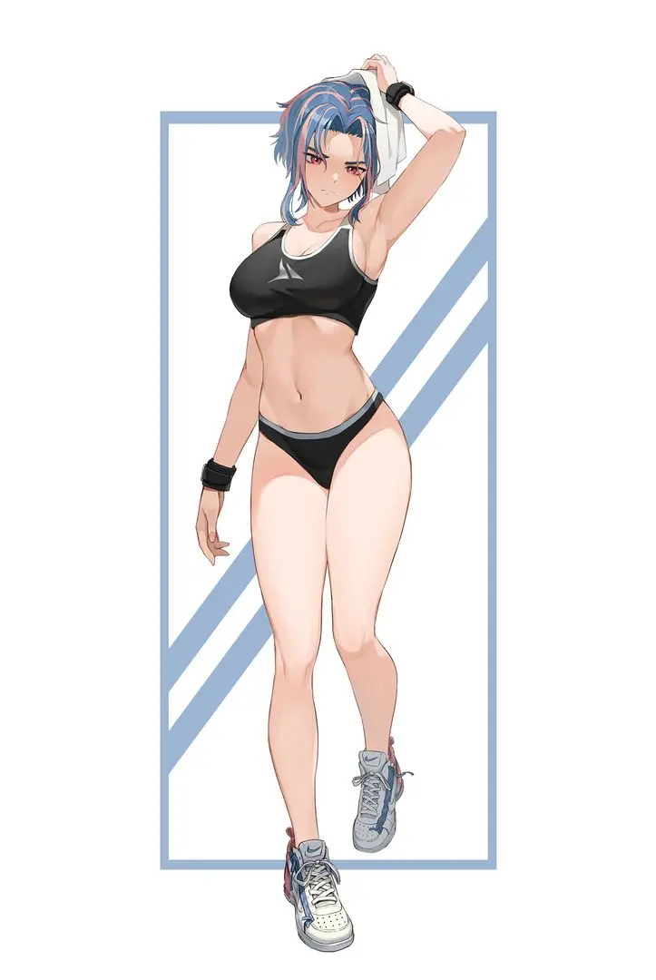 Lady Nagant from My Hero Academia in black athletic wear and sneakers, holding a towel to her blue hair