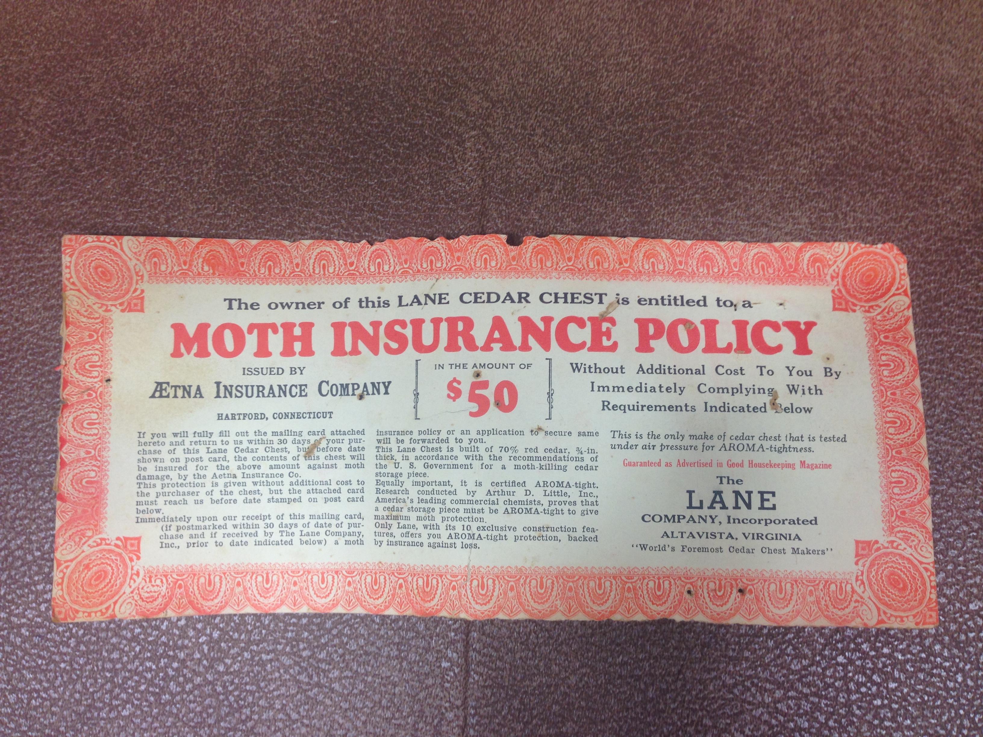 Lane Cedar Chest Moth Insurance Policy by Aetna Scrolller