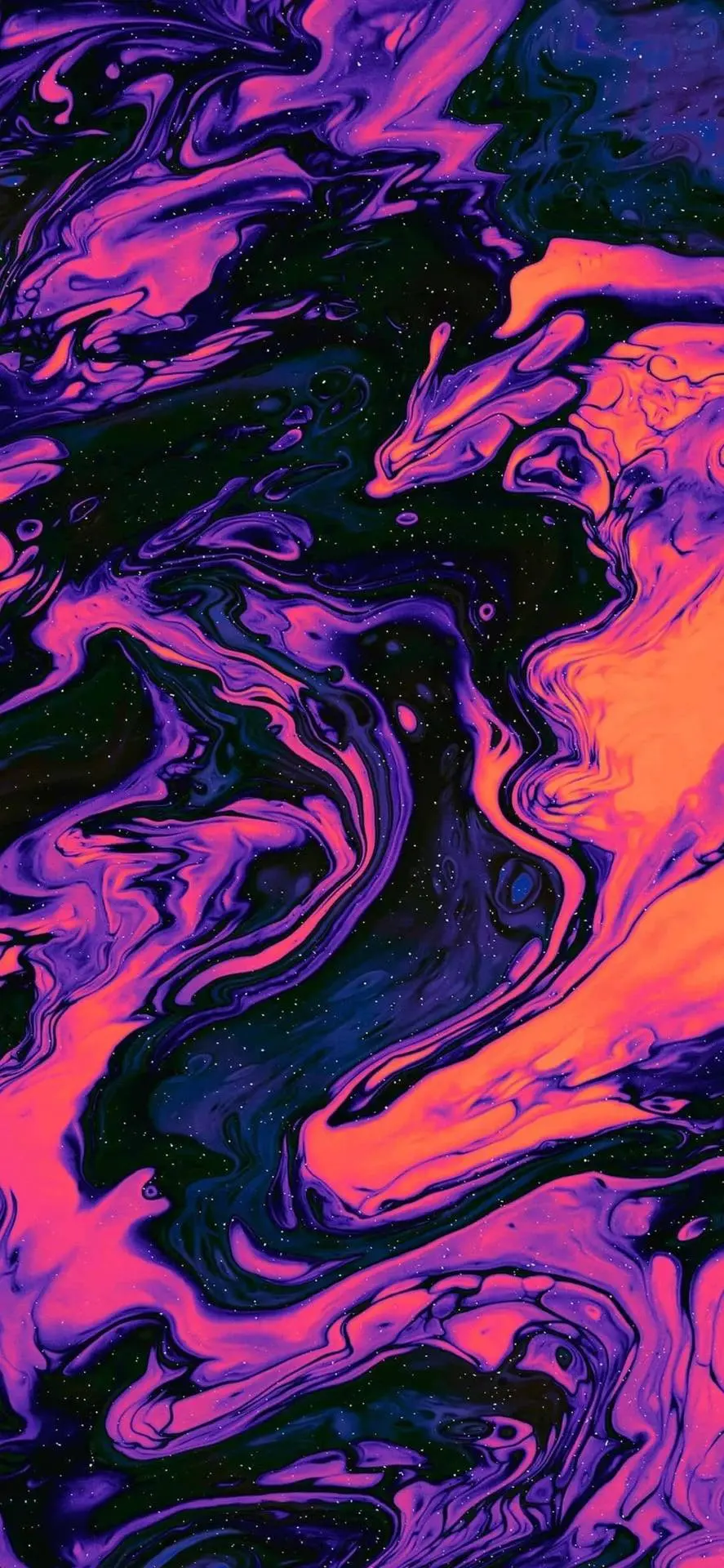 Lava lamp style digital art with swirling purple, pink, and orange patterns against a dark starry space background