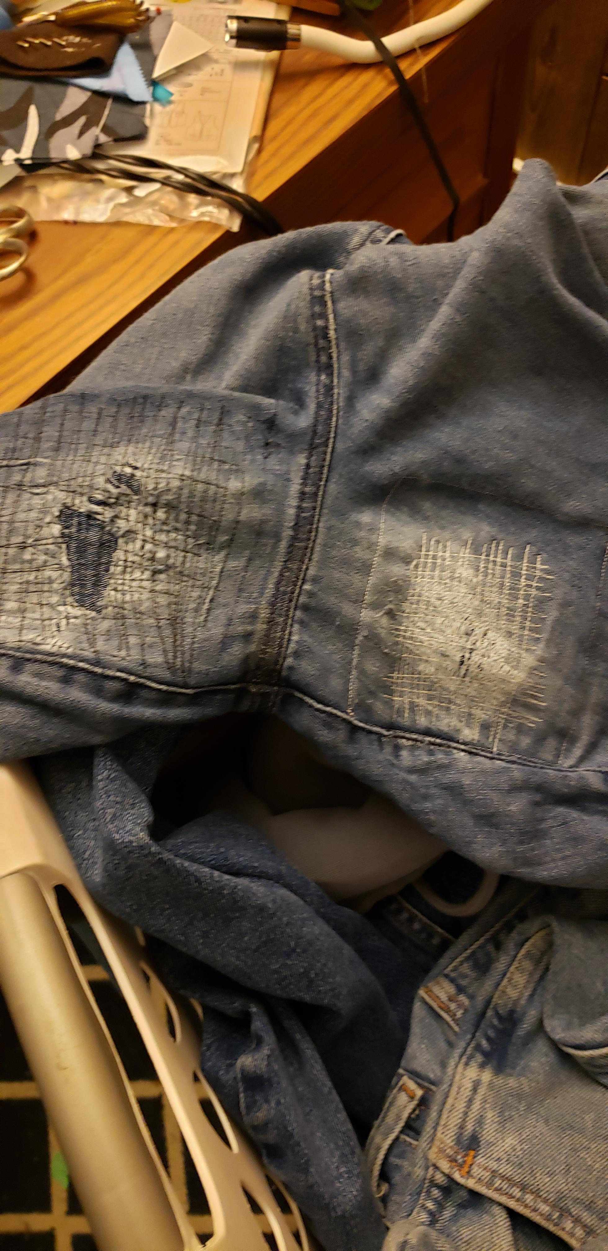 Machine mending chub rub on my favourite jeans, done on two separate