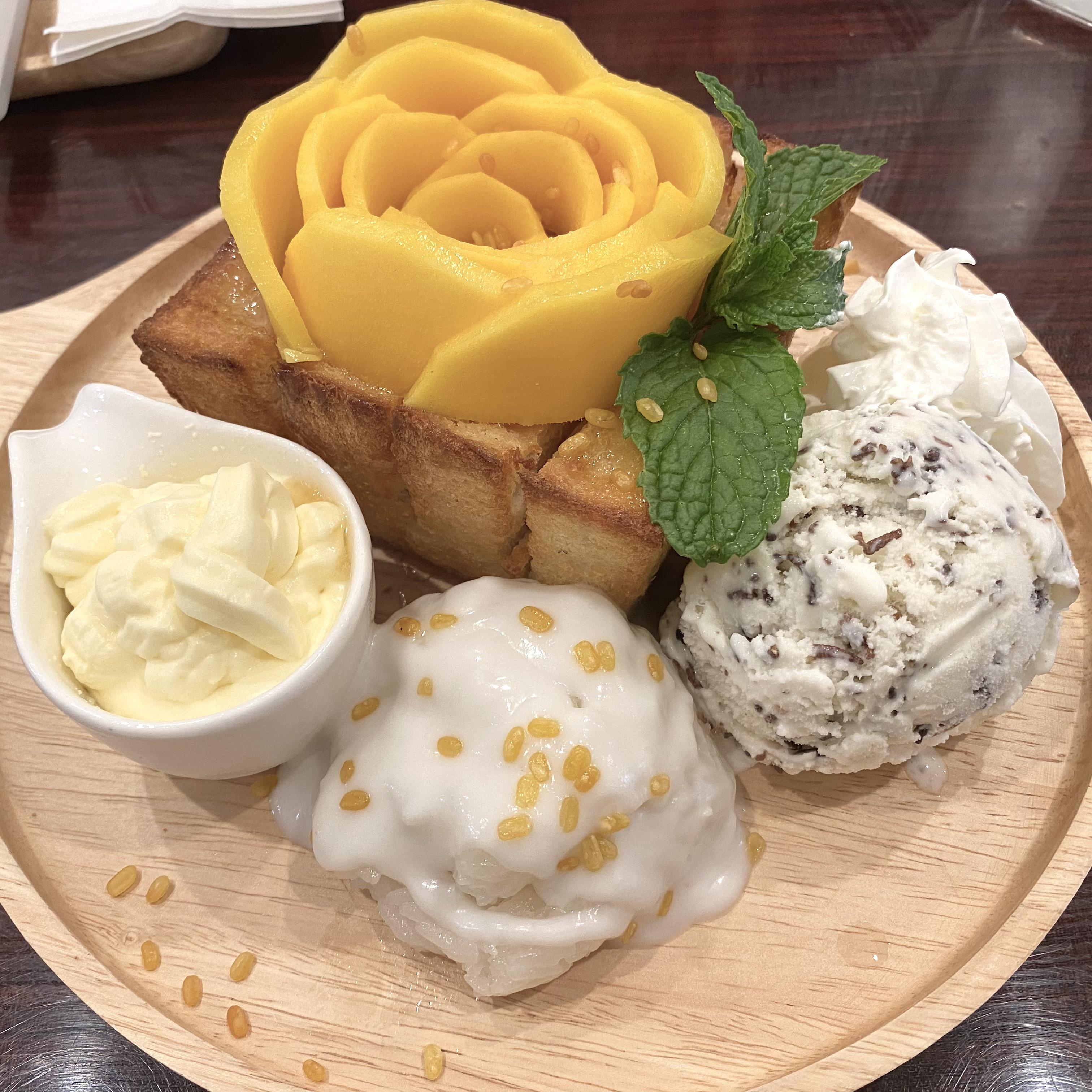 Mango sticky rice with coconut ice cream, mango creme, and crispy loft ...