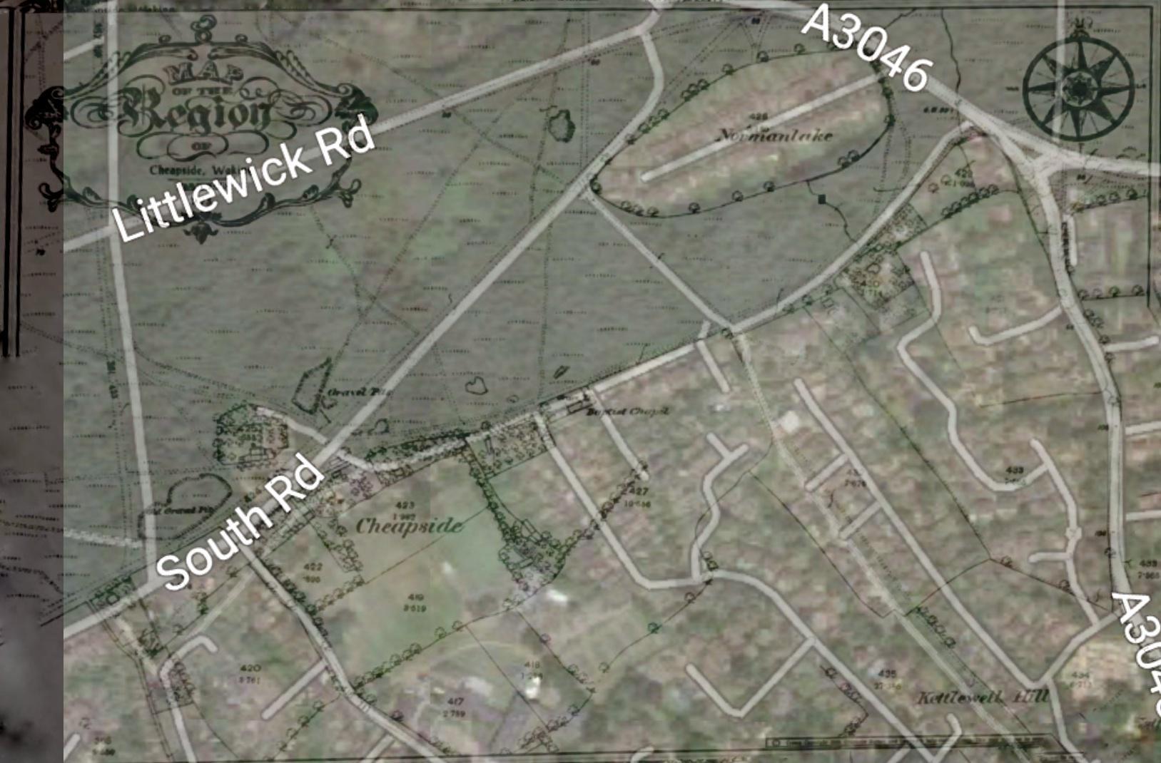 Modern day satellite map overlayed on 1873 map of cheapside horsell ...