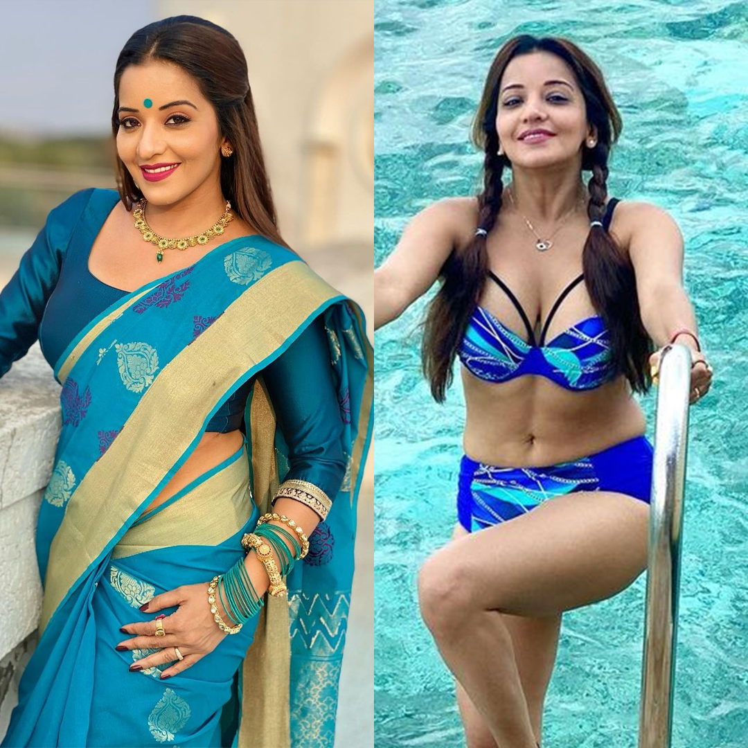 Monalisa - saree vs bikini - Indian TV and Bhojpuri actress.