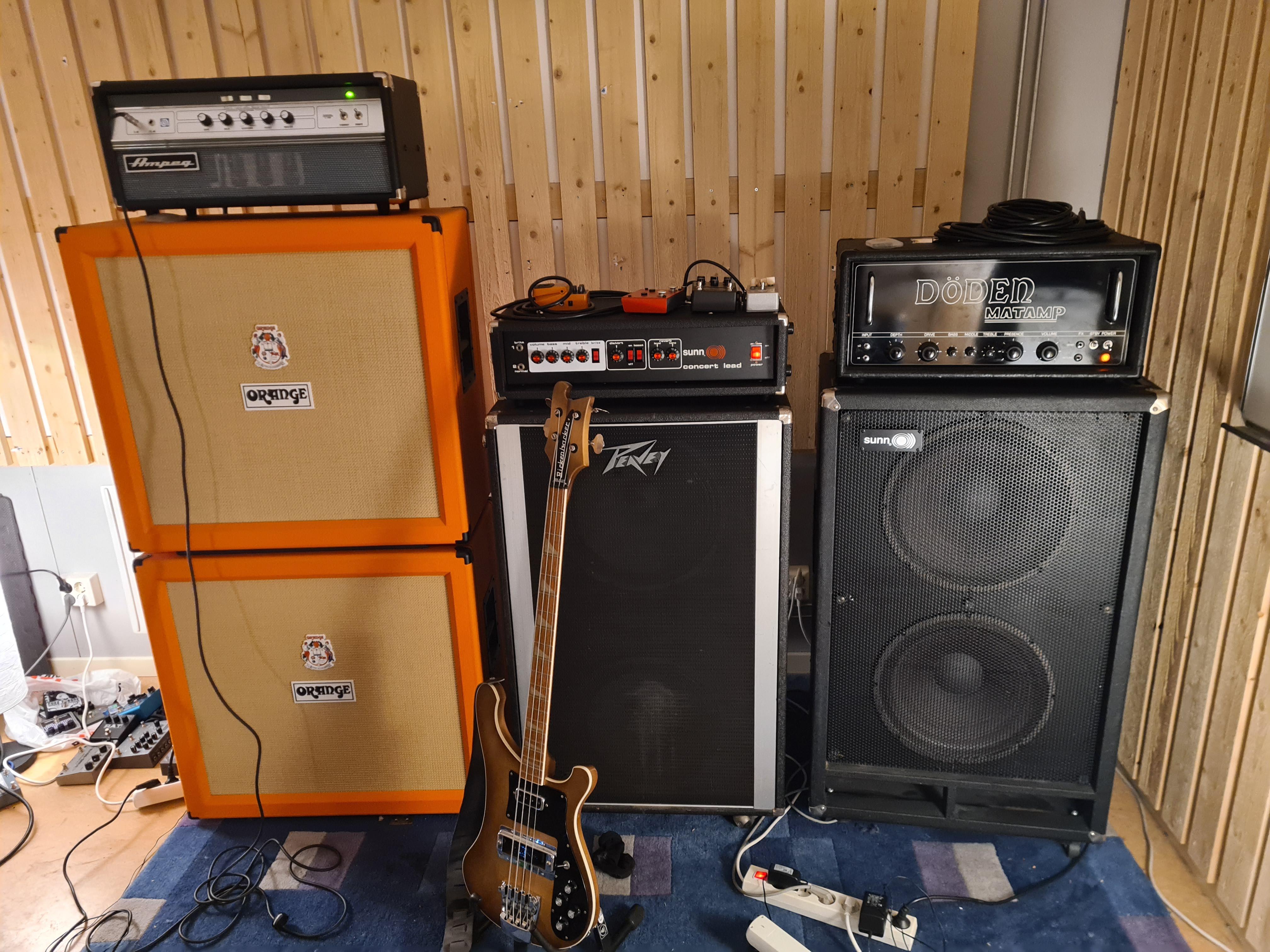 My band's rig. Guitar rig to the left, bass in Middleton and right ...