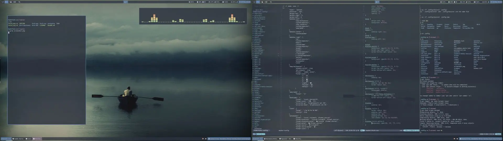 SwayWM rice with Nord theme featuring a person in a boat and computer code on a digital desktop