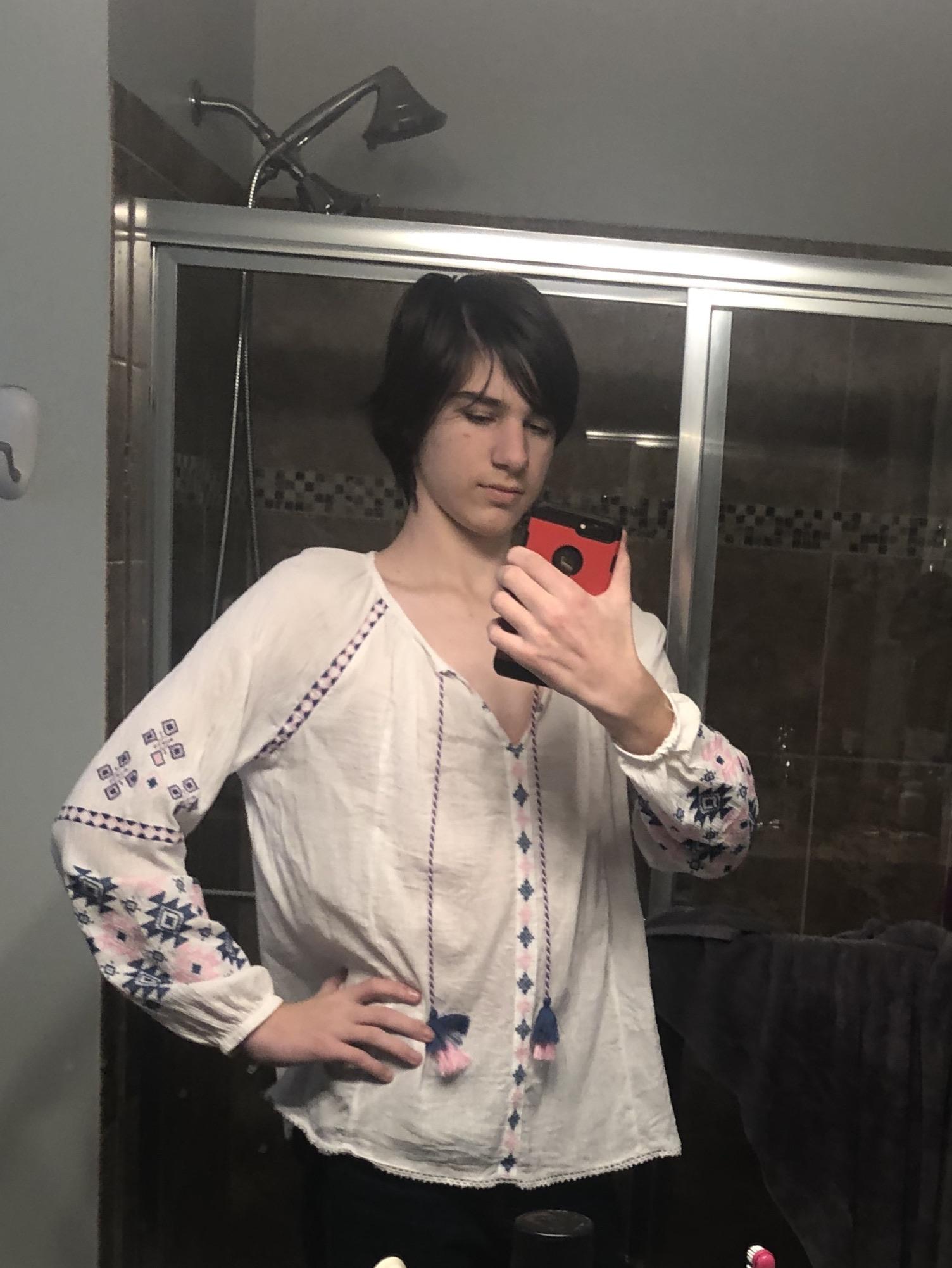 My first time ever exploring opposite clothing (this is a friends shirt