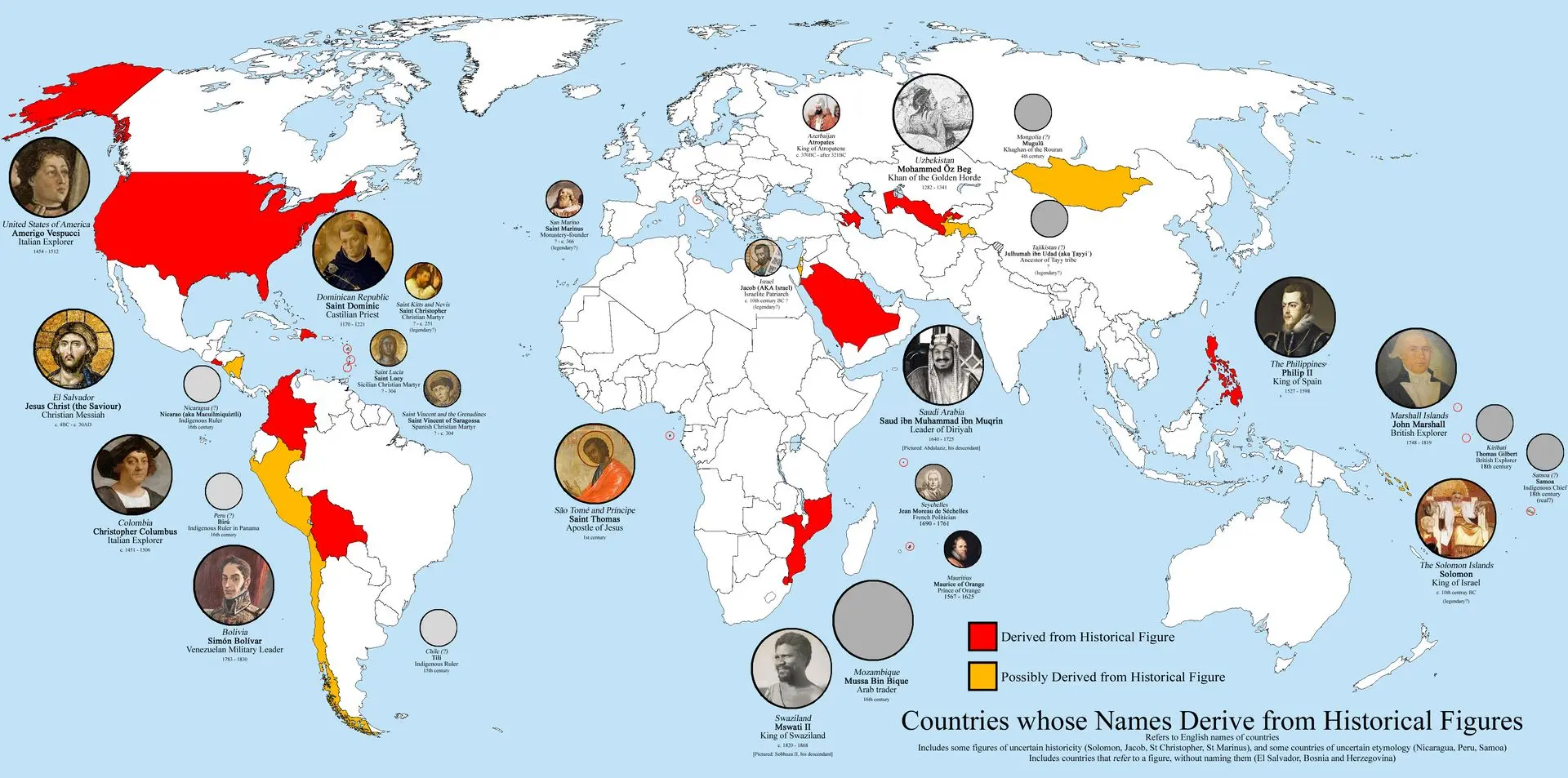 [OC] Countries whose name derives from a historical figure | Scrolller