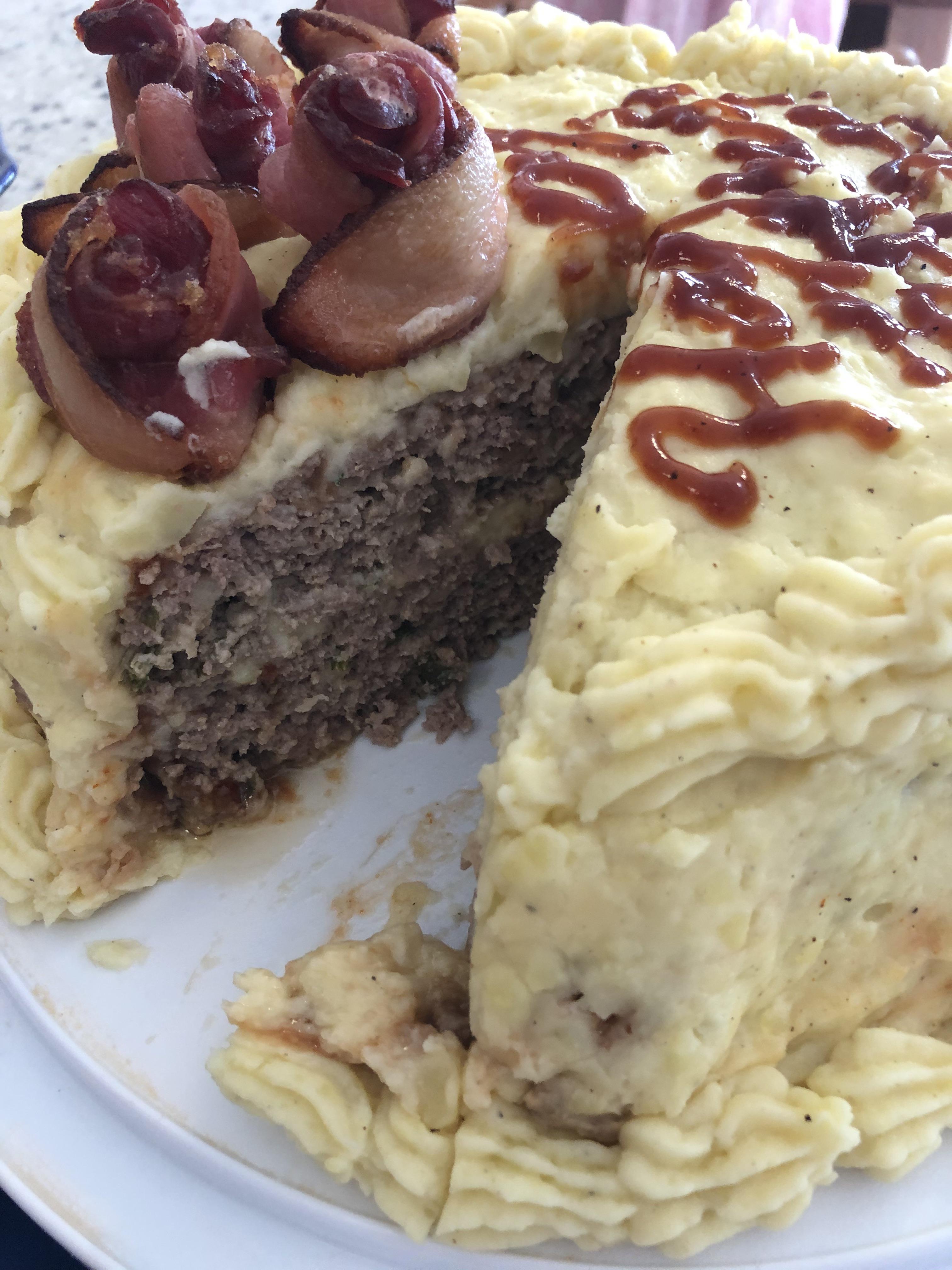 [OC] Meatloaf Cake - 2 Tier with Mashed Potato Icing and Bacon Roses ...
