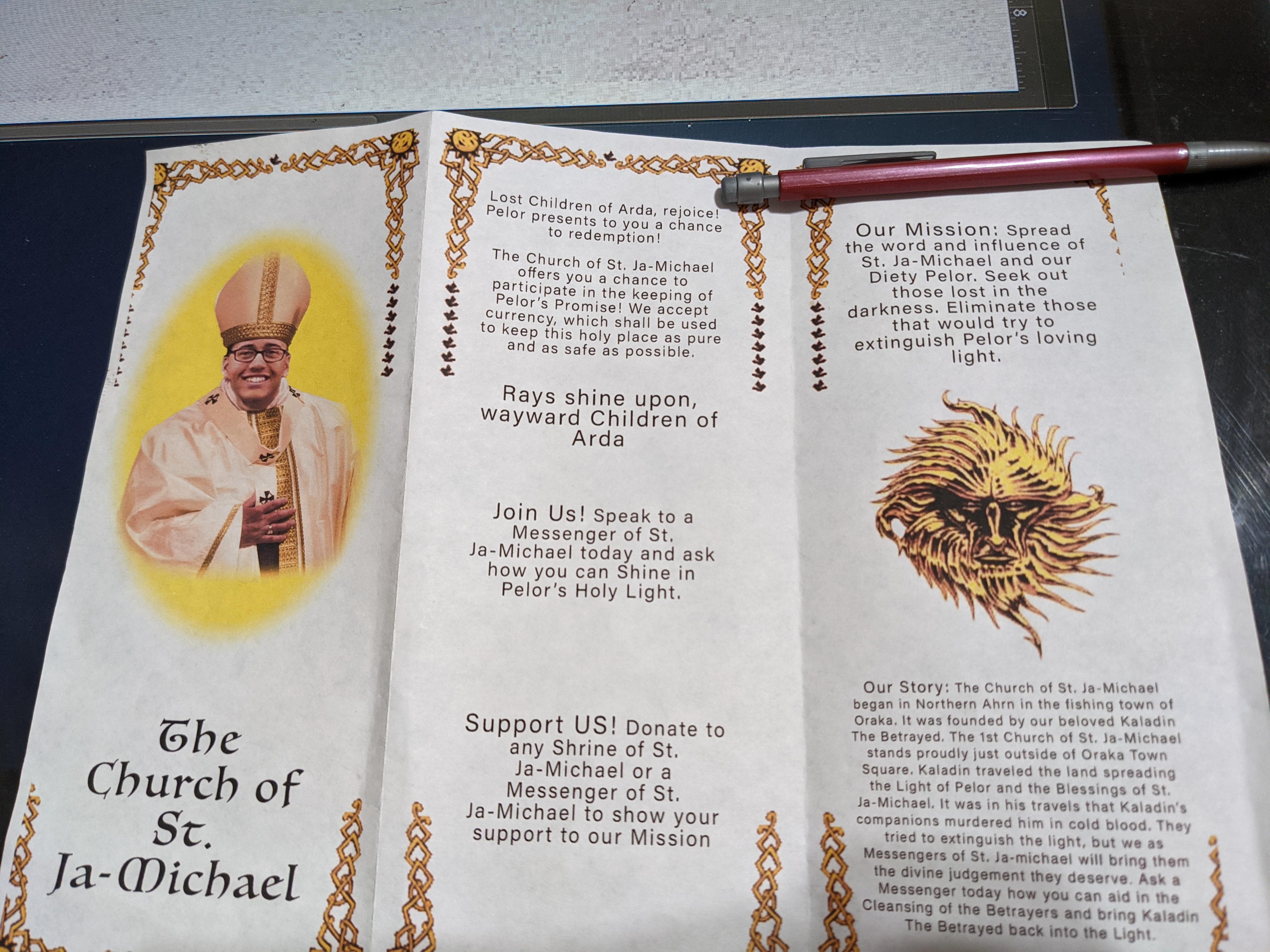 [OC] religious pamphlet for my character and his church. | Scrolller
