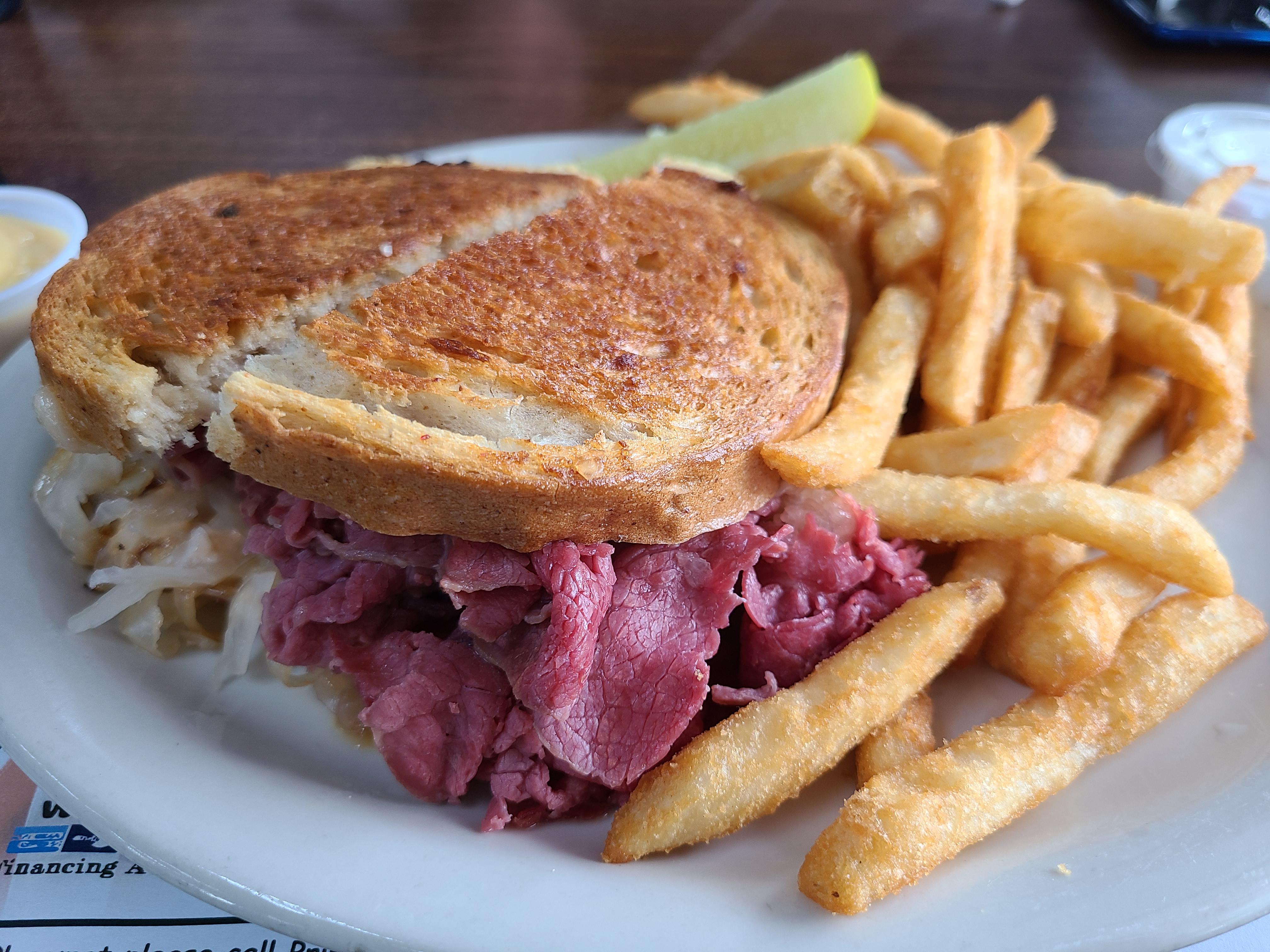 Pastrami Reuben on Rye with Fries. Scrolller