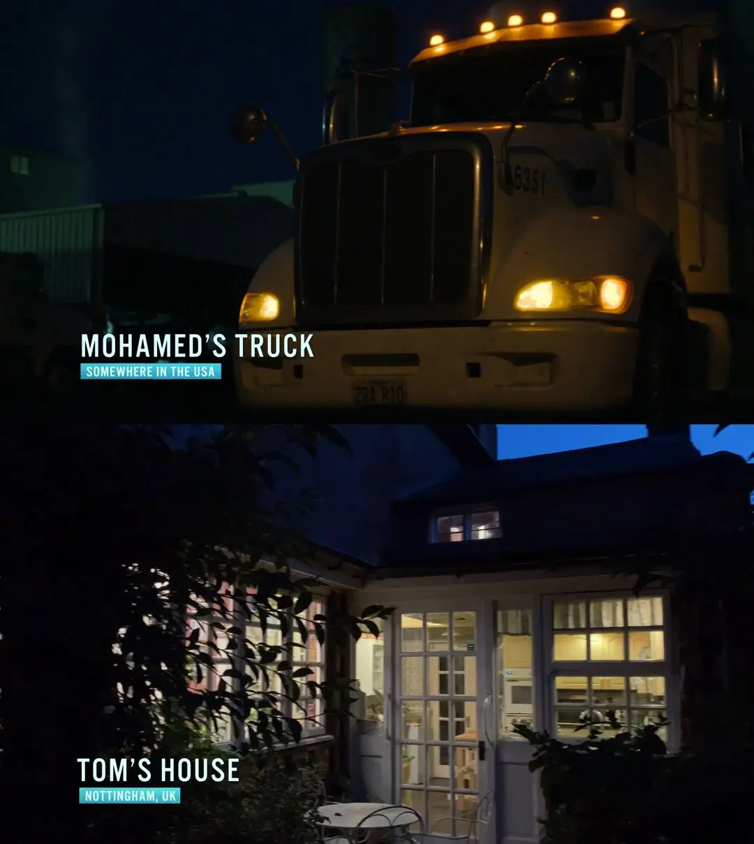 90 Day Fiance Pillow Talk meme showing Mohamed's truck in the USA and Tom's house in Nottingham, UK