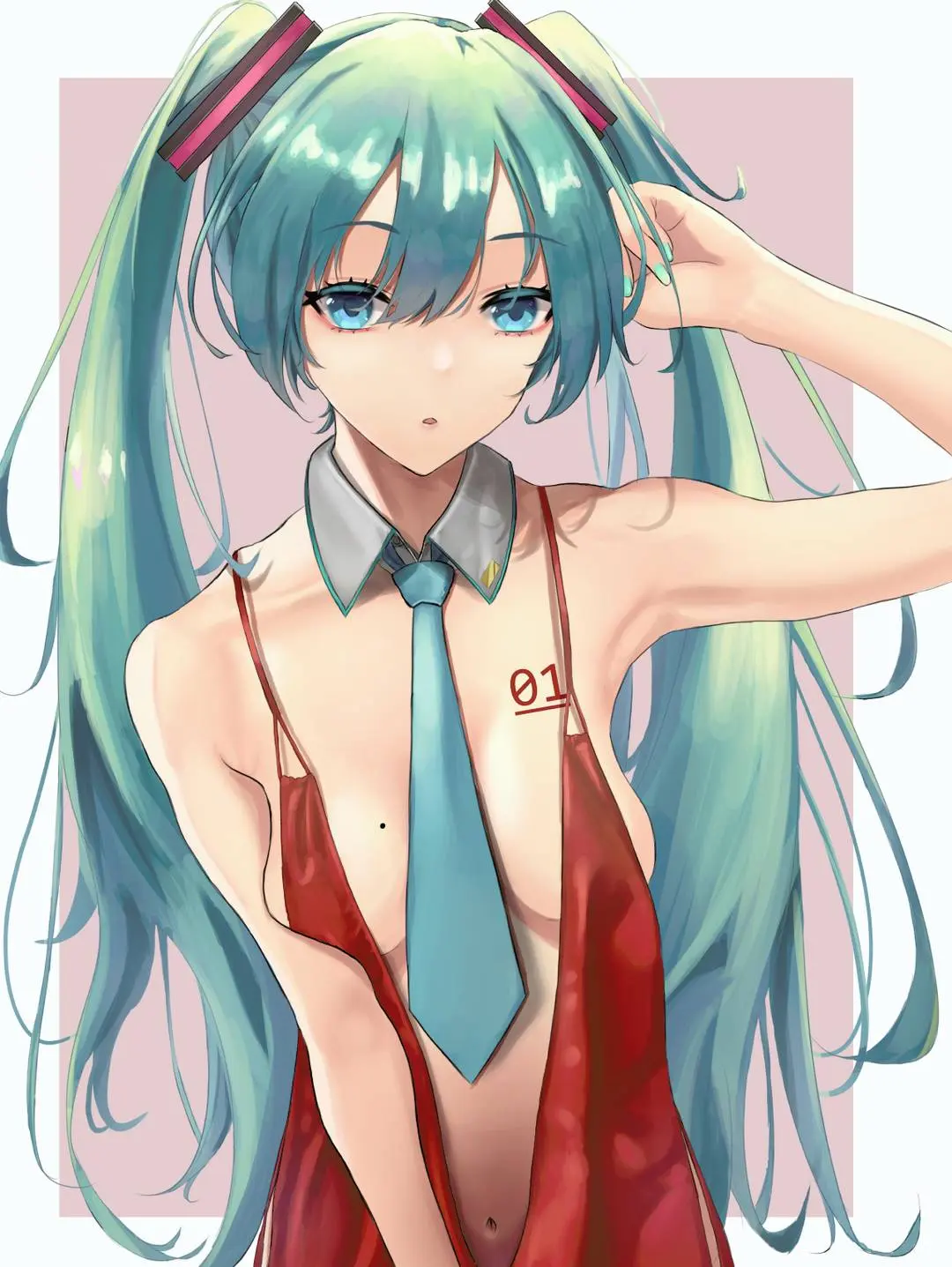 Hatsune Miku in a red dress and blue tie, topless with a 01 tattoo on her chest