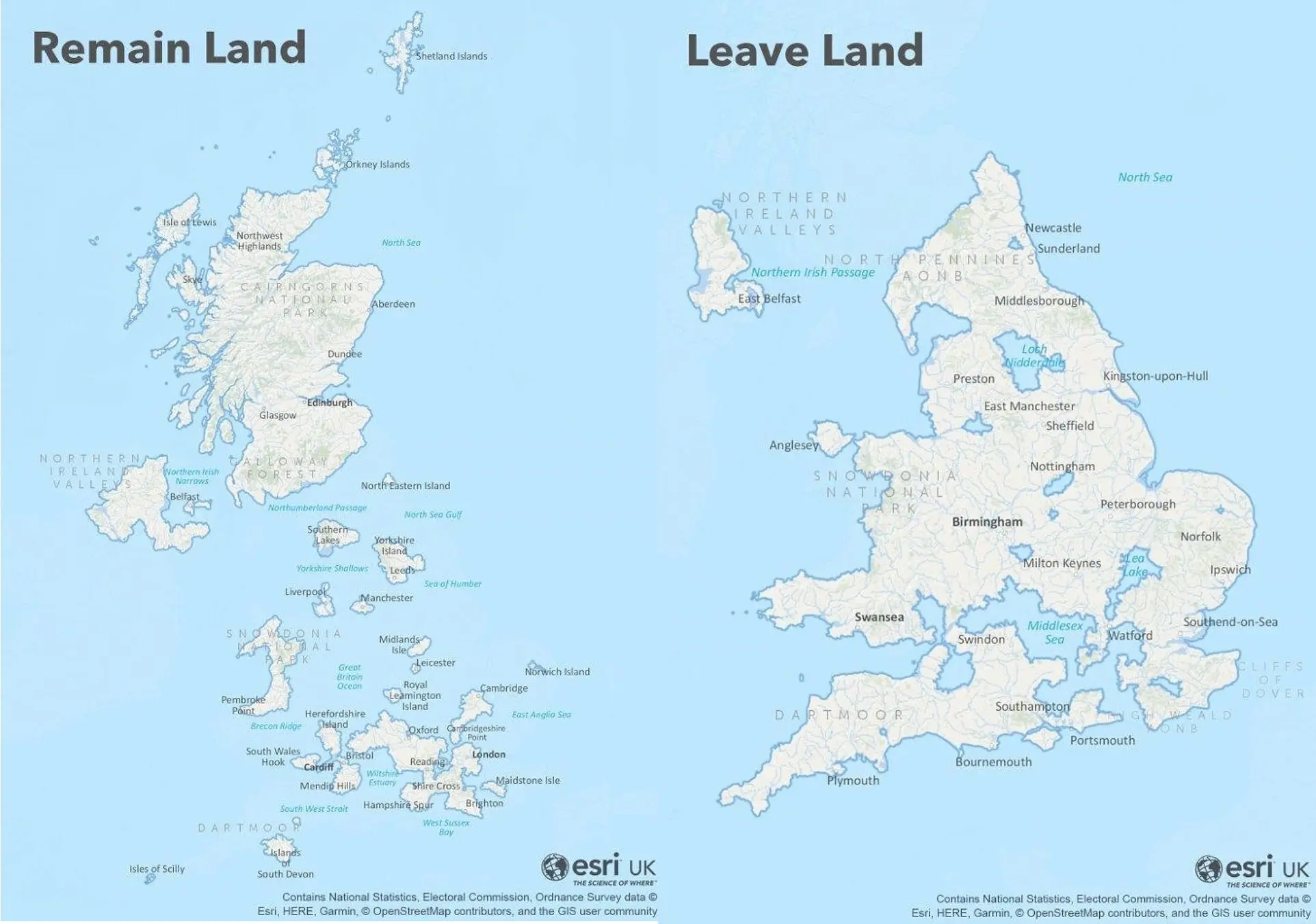 Remain Land and Leave Land : maps of the UK, based on areas who voted ...