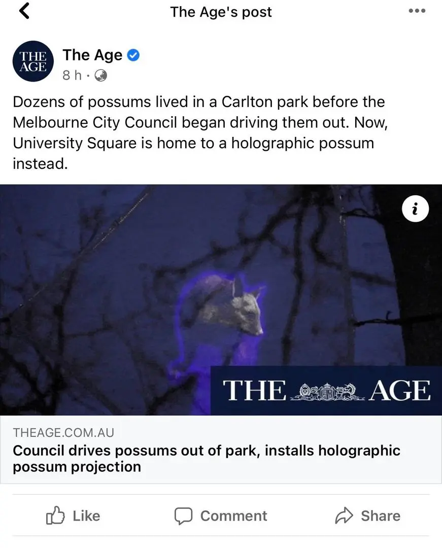 A boring dystopia meme showing a social media post about a holographic possum in University Square.