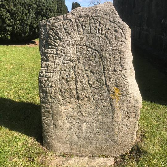 Rune stone Østermarie Bornholm Denmark. Runes say : >>Bjarne and Tue ...