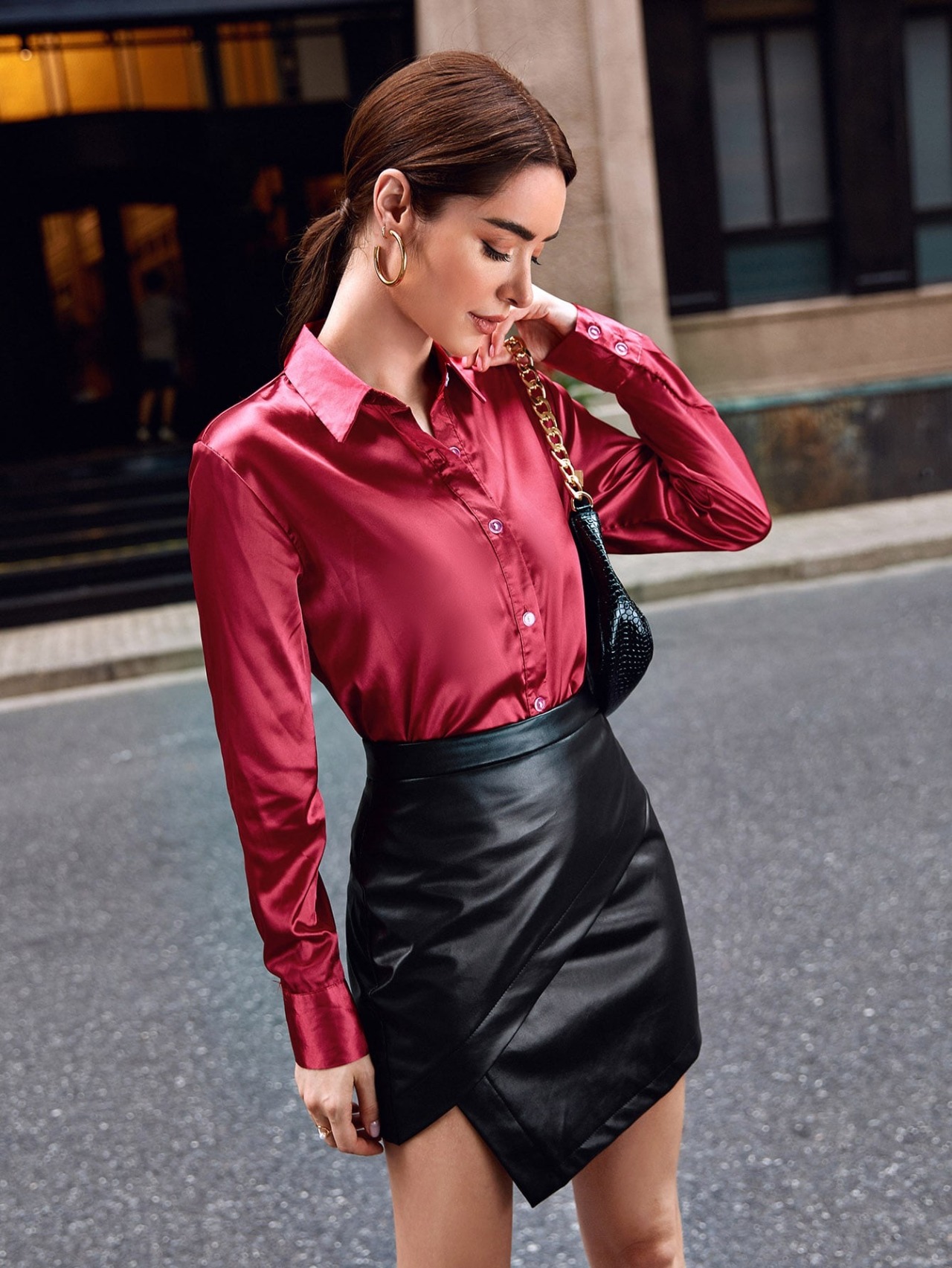 satin blouse and a leather skirt | Scrolller