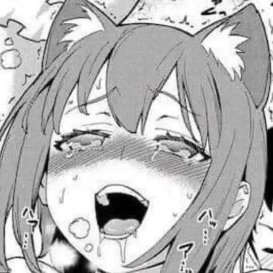 Anime catgirl with long brown hair making an ahegao expression with drooling and rolling eyes