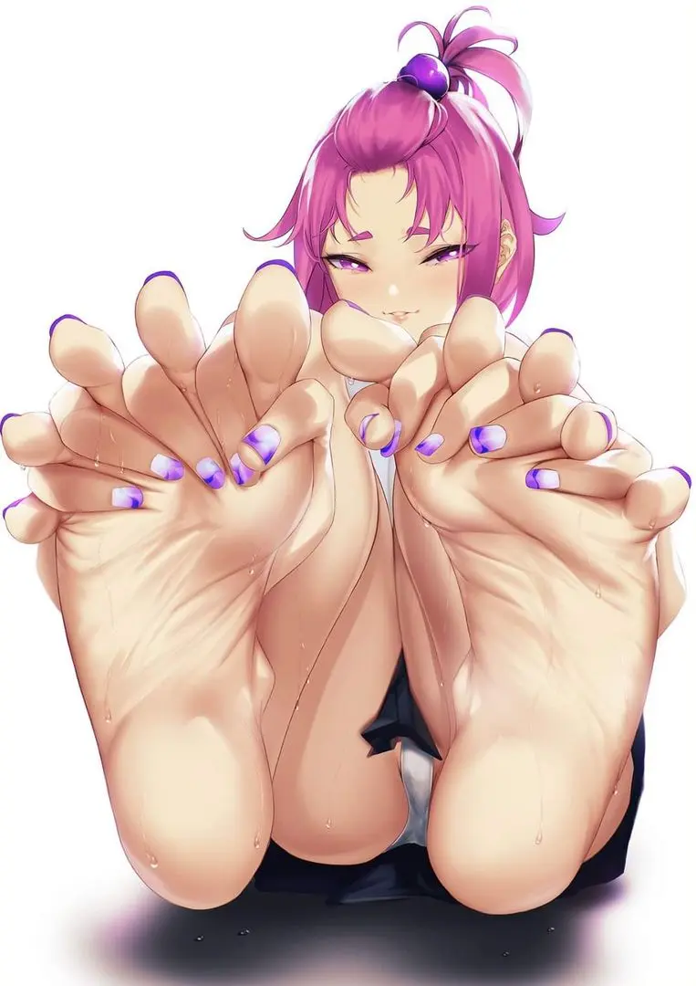 Anime girl with pink ponytail, white shirt, and black skirt posing with sweaty soles and purple nail polish.