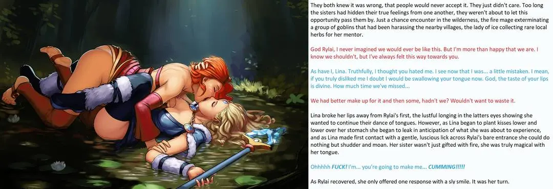 Redhead and blonde women in fantasy outfits french kissing and embracing in a shallow pool of water.