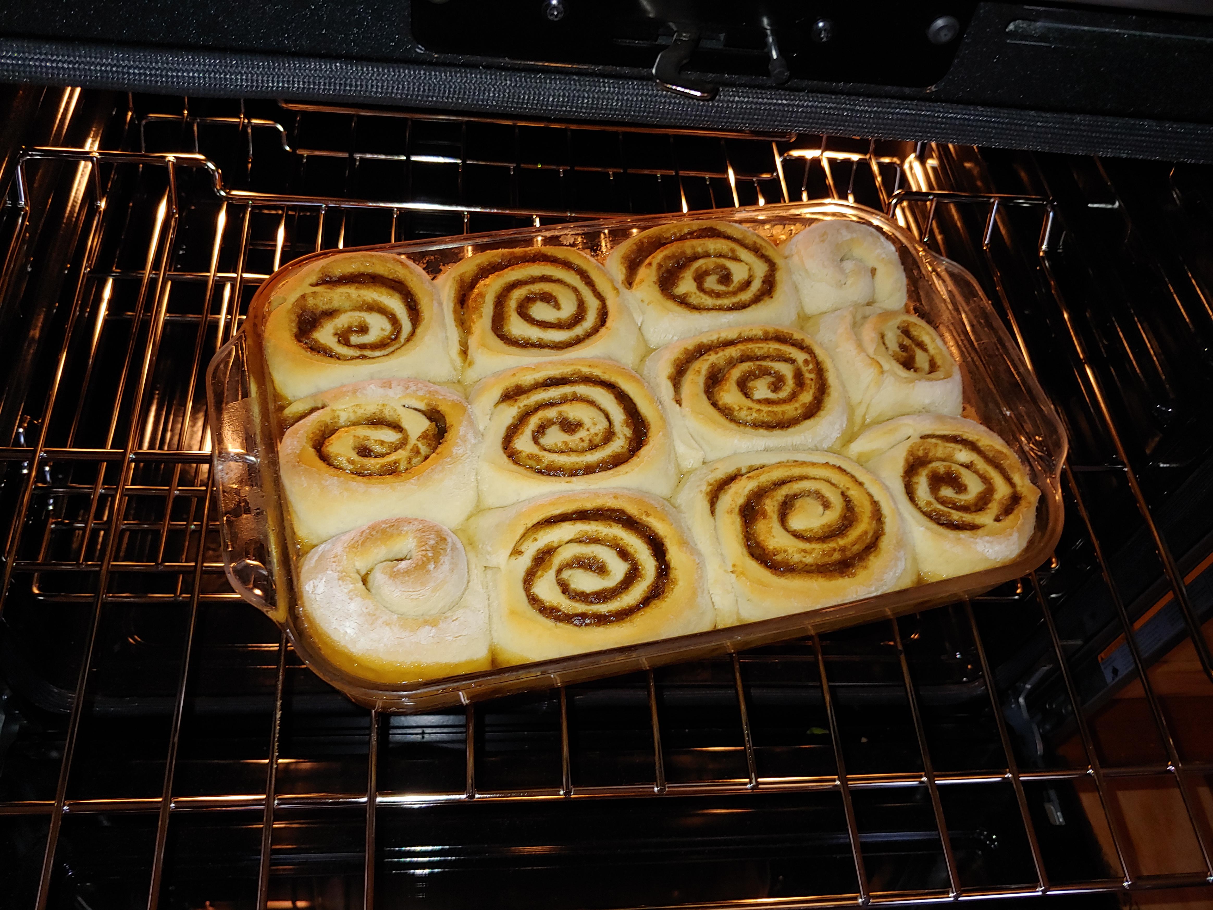Sticky roll improvement. Baking in our new convection oven, with a
