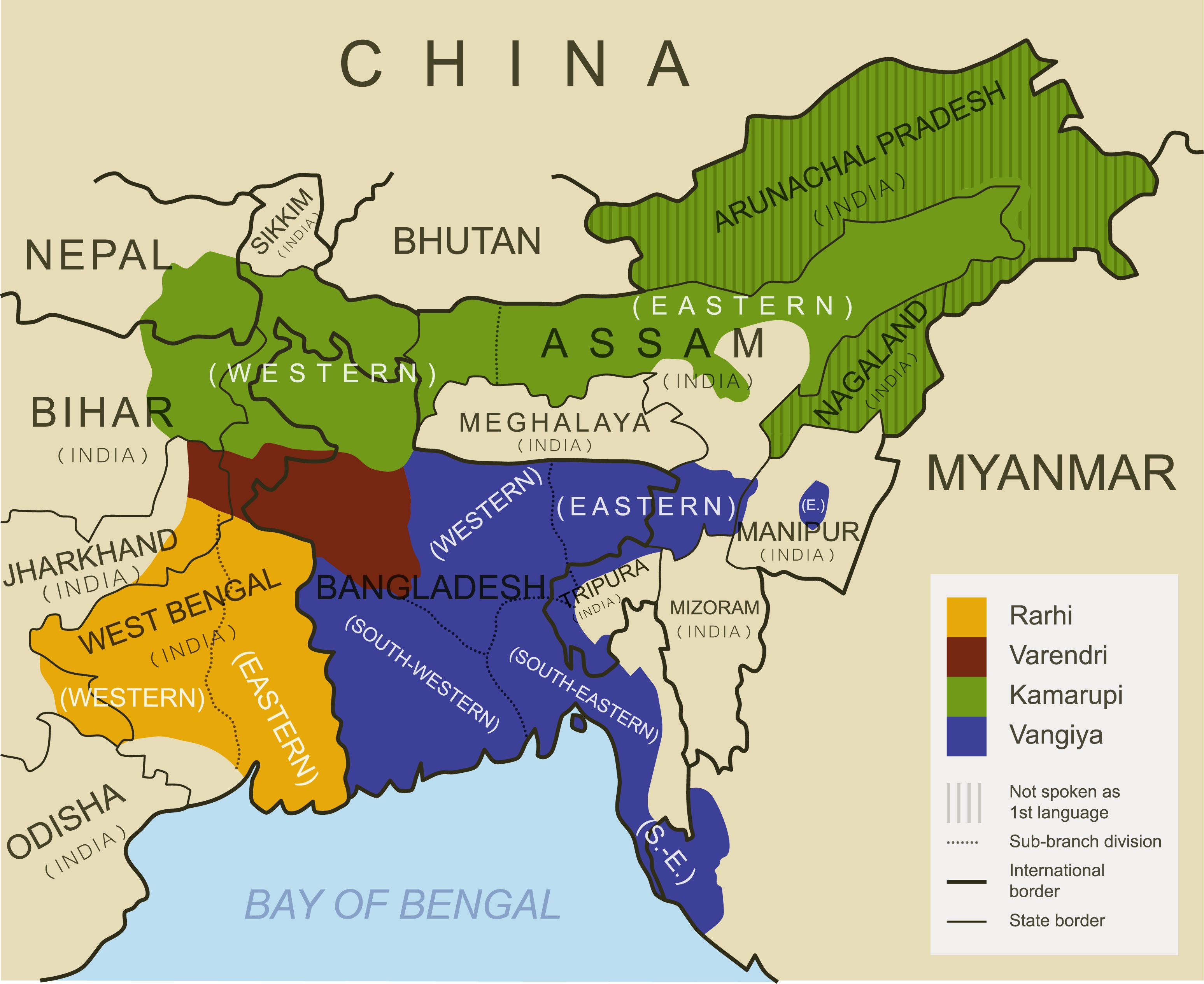 Subbranches of the BengaliAssamese languages. The map is based on the