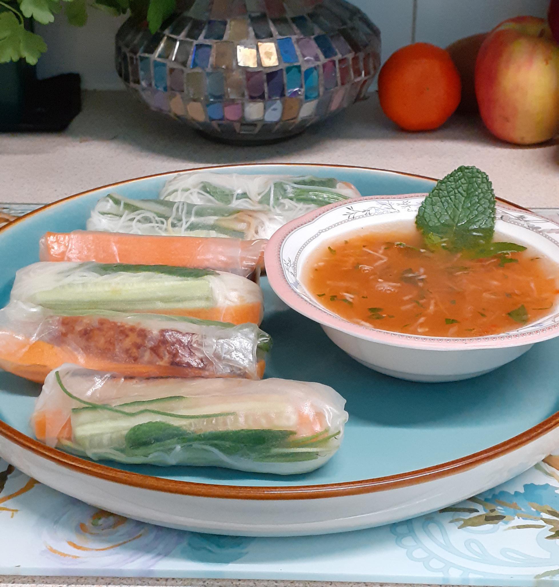 Sweet chilli tofu rice paper rolls with tantalising dipping sauce