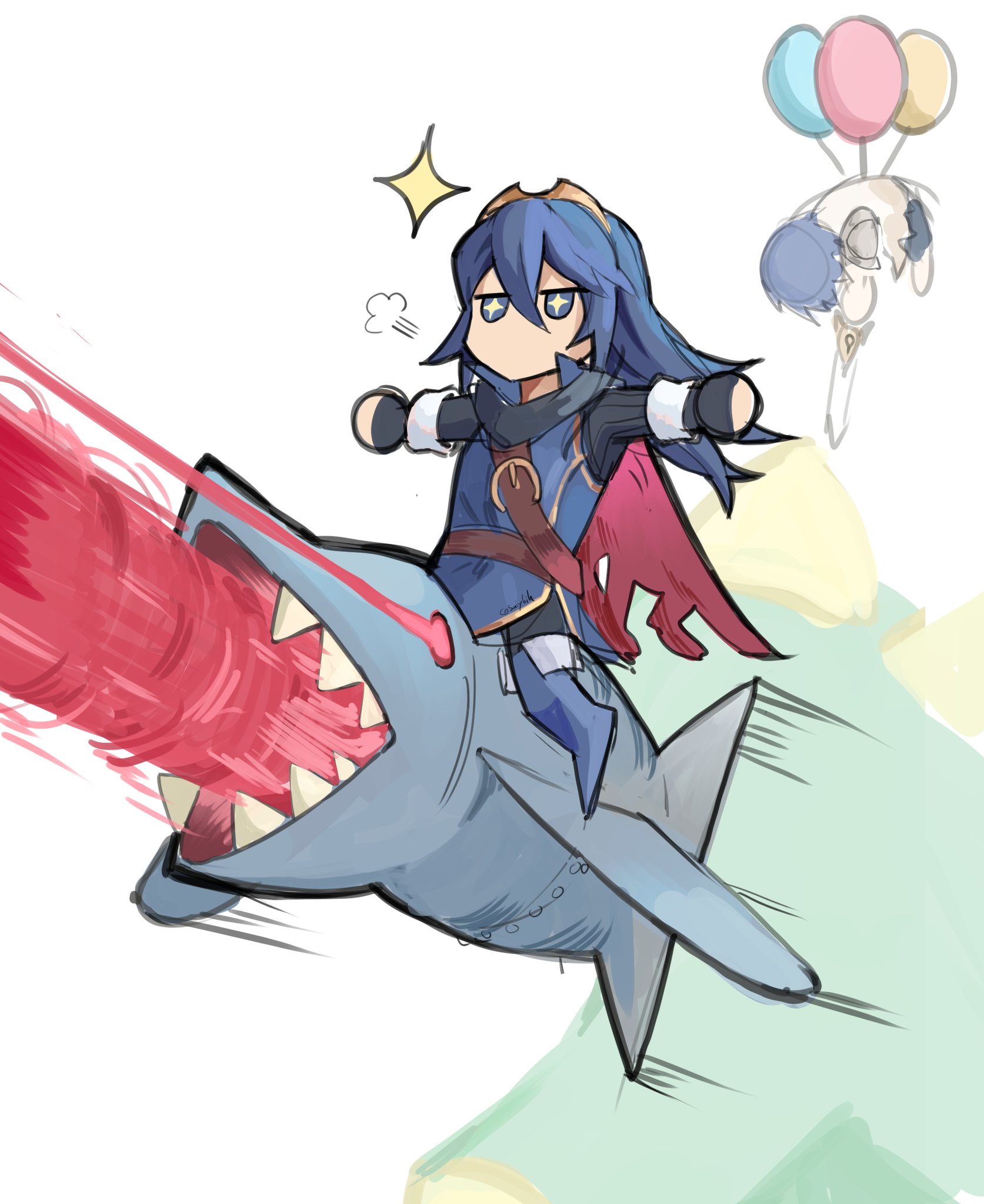 TPosing Lucina riding a laser beam shooting shark flying