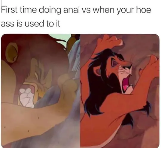 Hentai meme of Simba with funny faces comparing the first time and subsequent times of anal sex