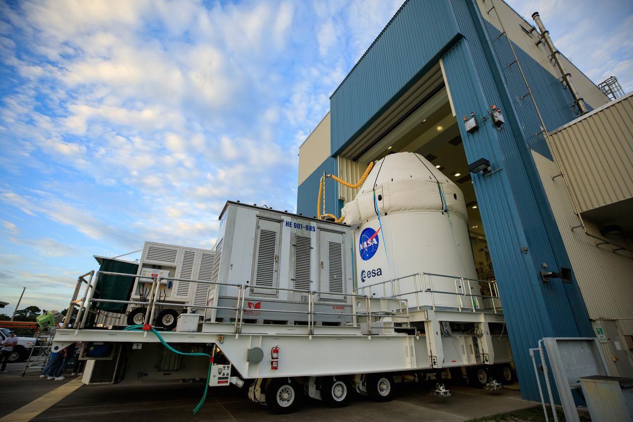 The Orion spacecraft on its way to the Launch Abort Facility to get the ...