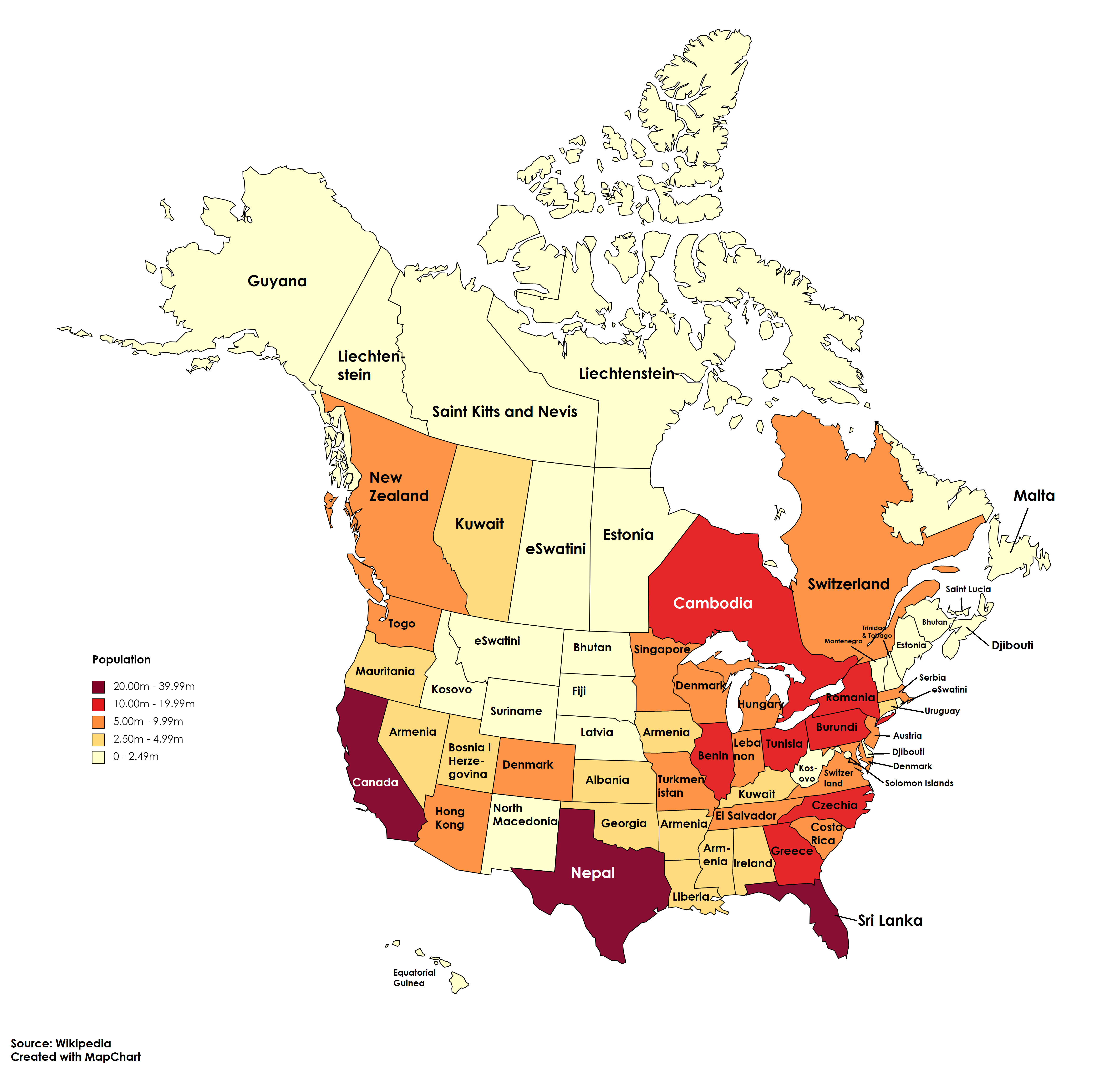 The Population of US States and Canadian Provinces compared with the