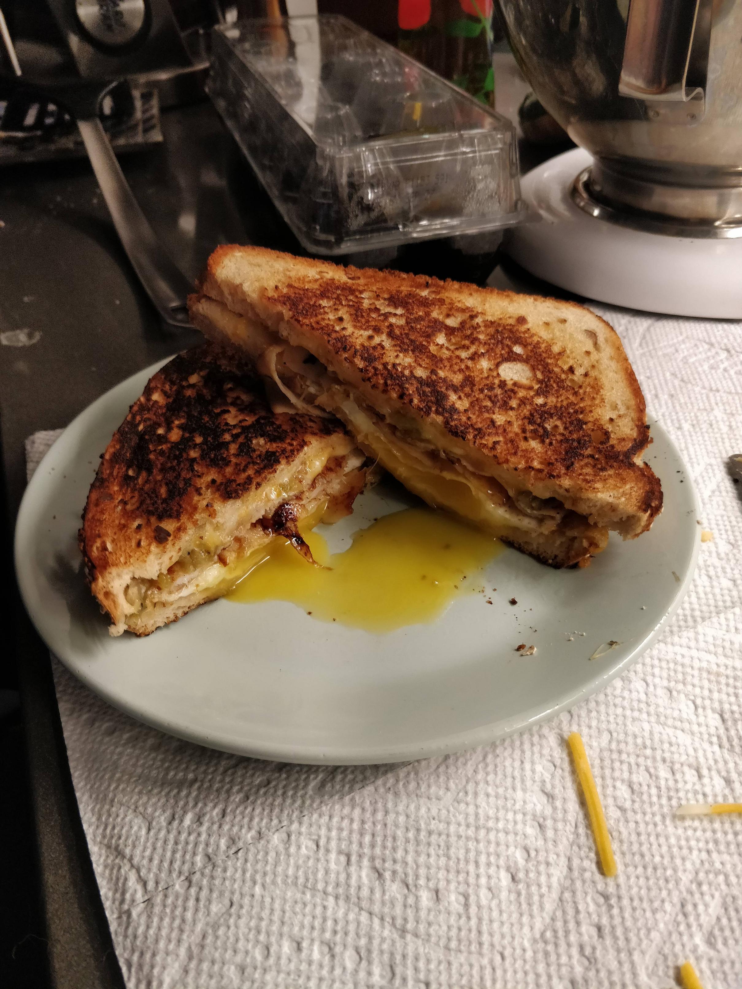 Turkey and egg fried in bacon grease, hatch green chile peppers, and