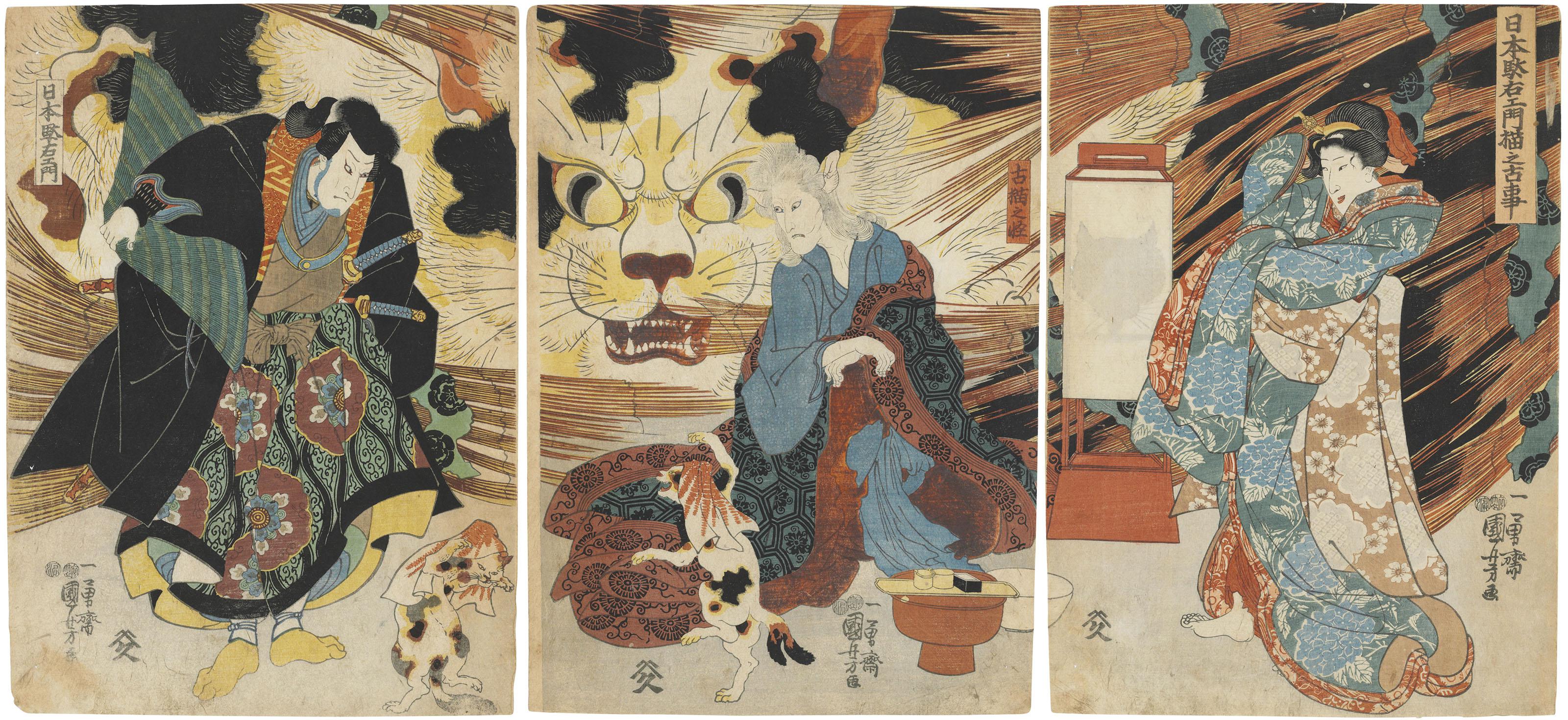 Utagawa Kuniyoshi - The Story of Nippondaemon and the Cat [3200x1471 ...