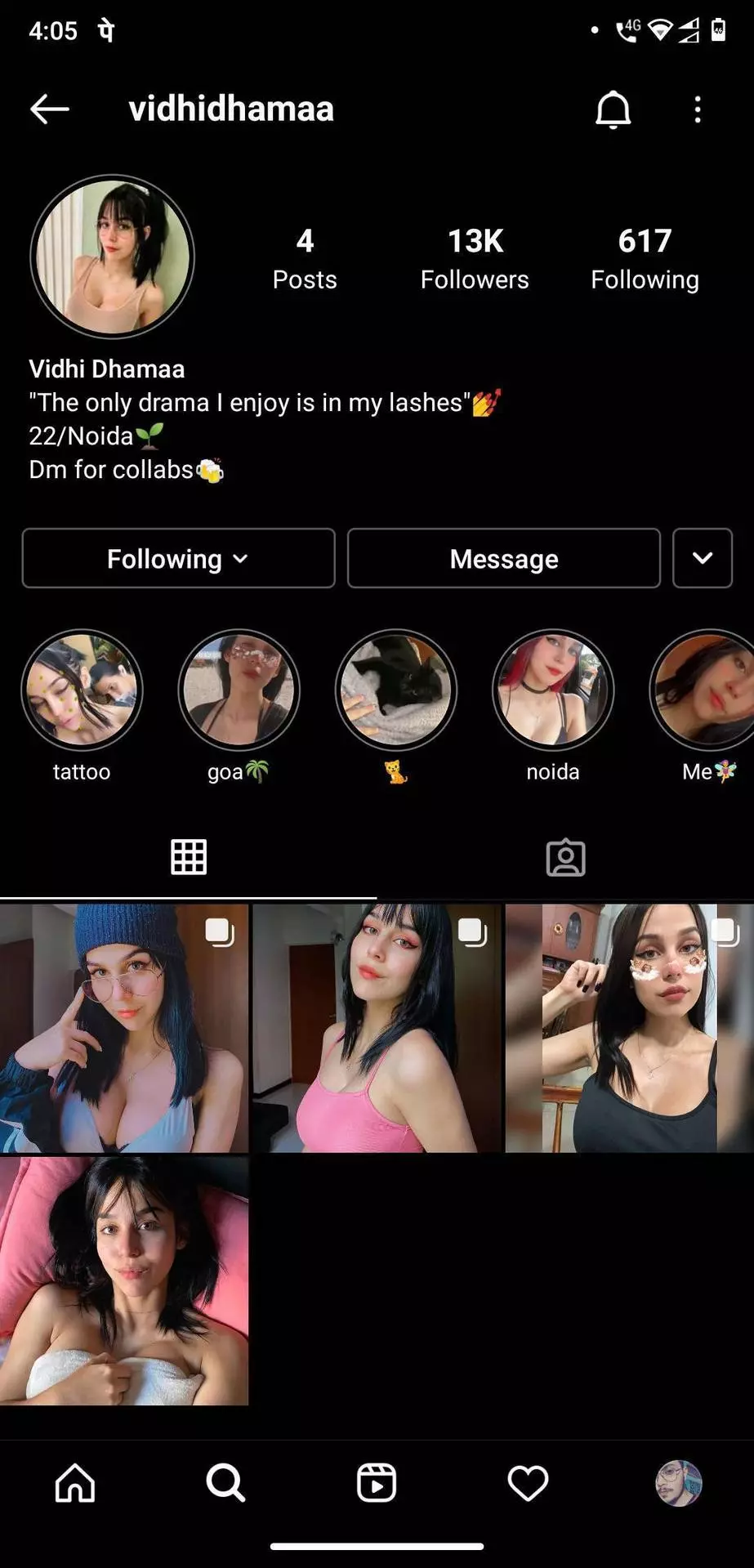 Vidhi Dhamaa Instagram profile screenshot featuring a desi girl influencer with grid posts and story highlights.