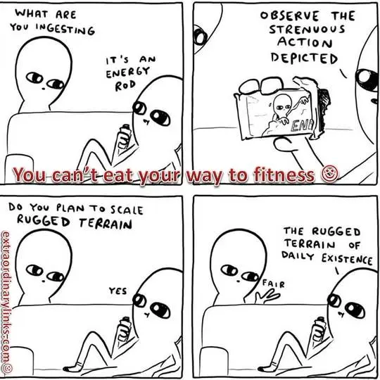 Funny fitness meme comic with two slender white anthropomorphic alien characters discussing an energy bar.