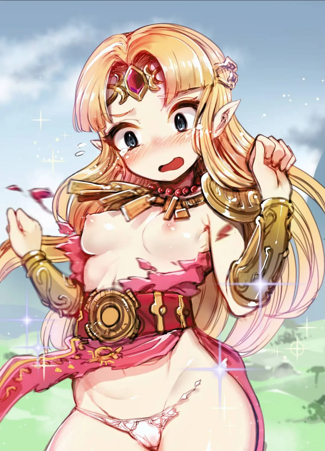 Princess Zelda hentai fan art featuring a busty blonde woman in various erotic poses and outfits