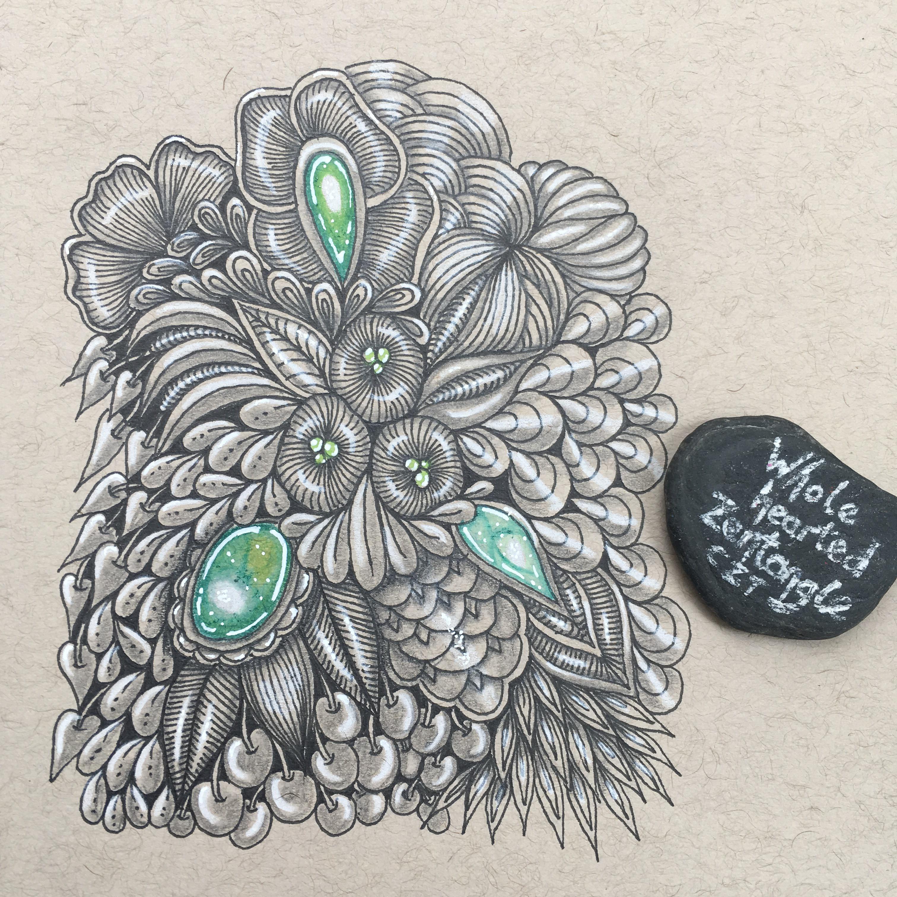 Zentangle on tan paper. Patterns used - Panzee, Pufleaf, Pokeleaf ...