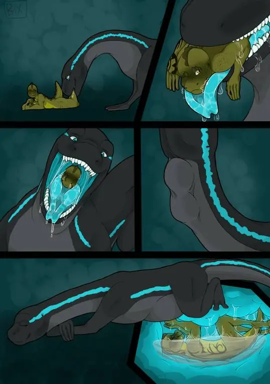 Bixen's digital art of Ziina, a large black creature with blue markings, eating Kowtow, a small yellow creature.