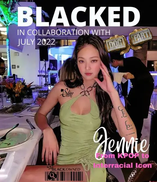 Jennie from BLACKPINK in a green dress with edited tattoos, styled as a Blacked interracial icon magazine cover