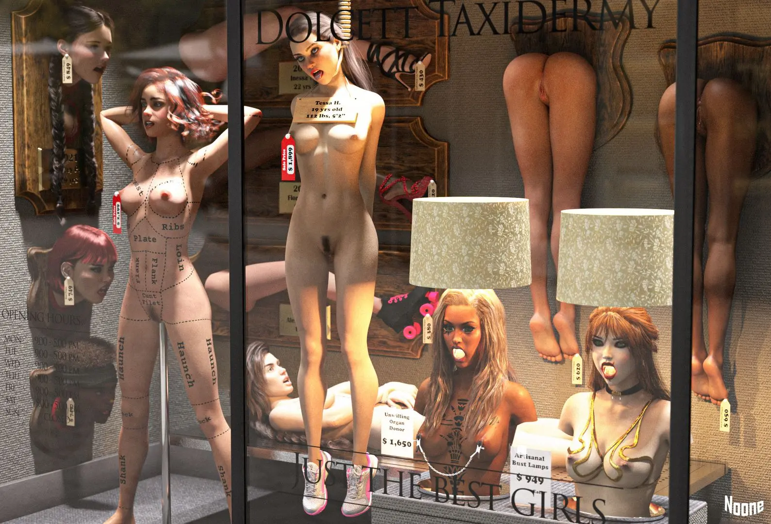Dolcett taxidermy shop window with nude white women as meat products, including a redhead, blonde, and brunettes.
