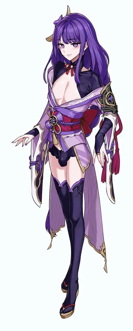 Femboy Raiden from Genshin Impact with long purple hair in a purple and white stylized kimono