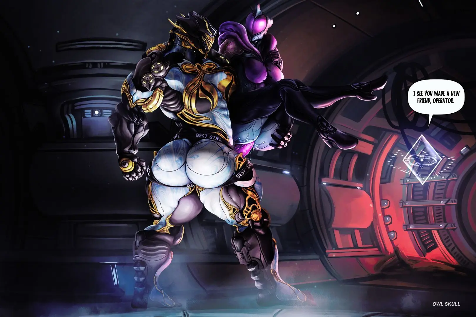 Hyldrin and Saryn in revealing futuristic armor, one carrying the other in a sci-fi spaceship interior.