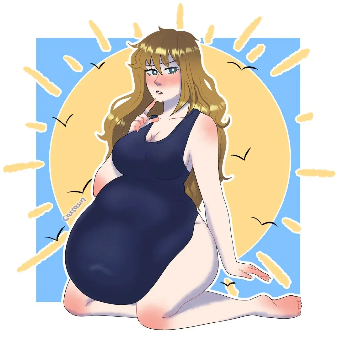Anime art of a curvy blonde woman with a fat belly in a dark blue bodysuit, kneeling against a sun and sky background.